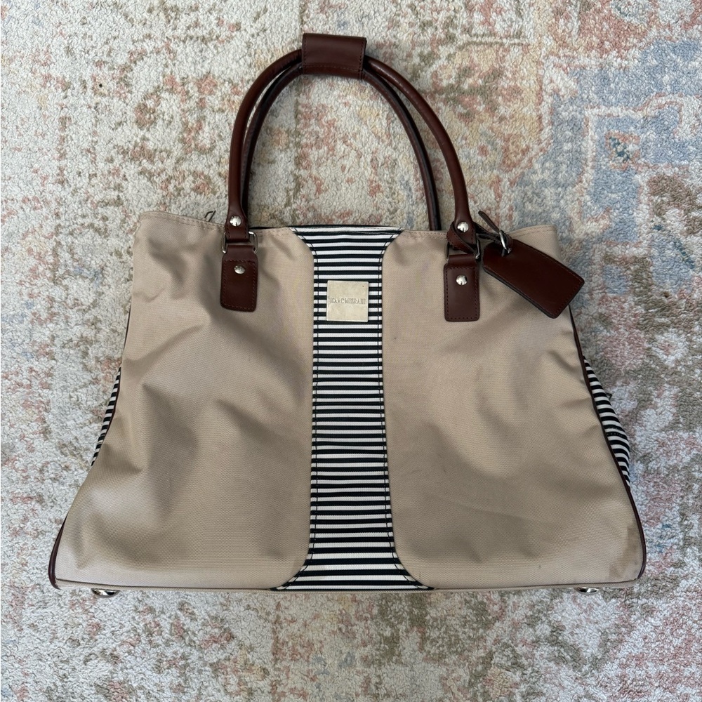 Isaac Mizrahi Large Essential Travel Tote Beige and Stripes